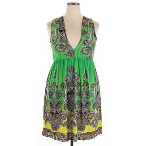 Shana Dress Women XXL Green Paisley Silky Stretchy Halter Deep V-Neck Festival